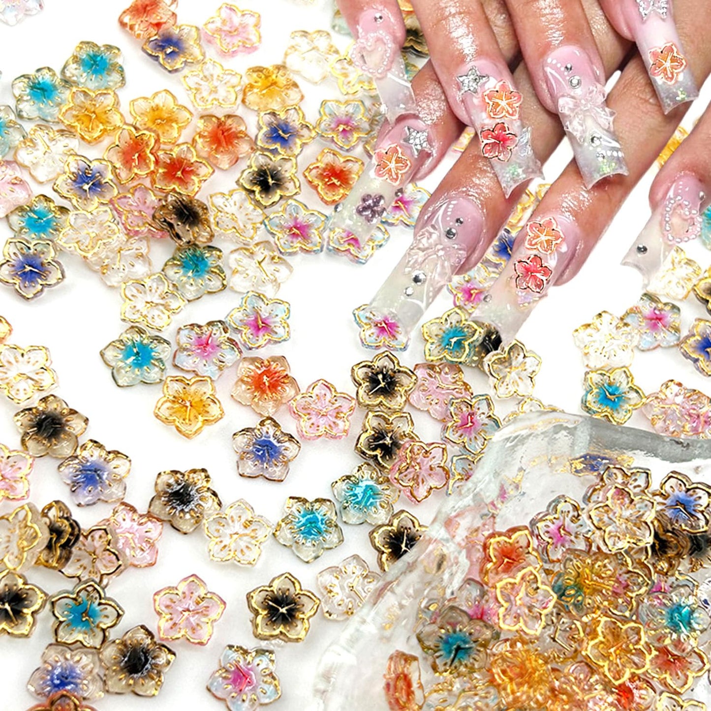 56Pcs Colorful Flower Nail Charms Clear Colour Crystal Nail Charms for Nails 3D Acrylic Gems Nail Supplies Luxury Gold Edge Nail Rhinestones Design Cute Glitter Nail Art Charms for Women Girls DIY