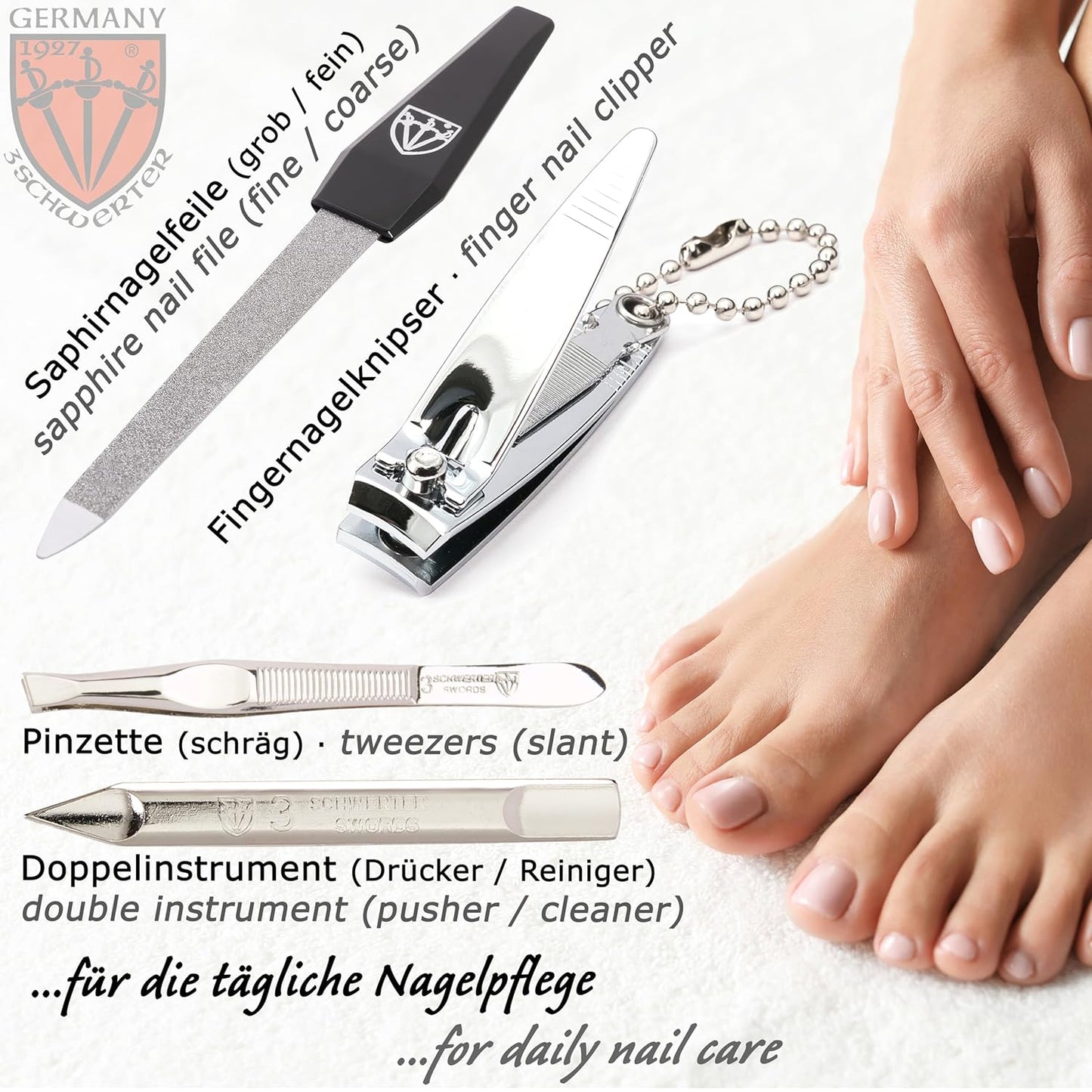 3 Swords Germany - brand quality 6 piece manicure pedicure kit set for professional finger & toe nail care with synthetic leather case - Made in Germany - red