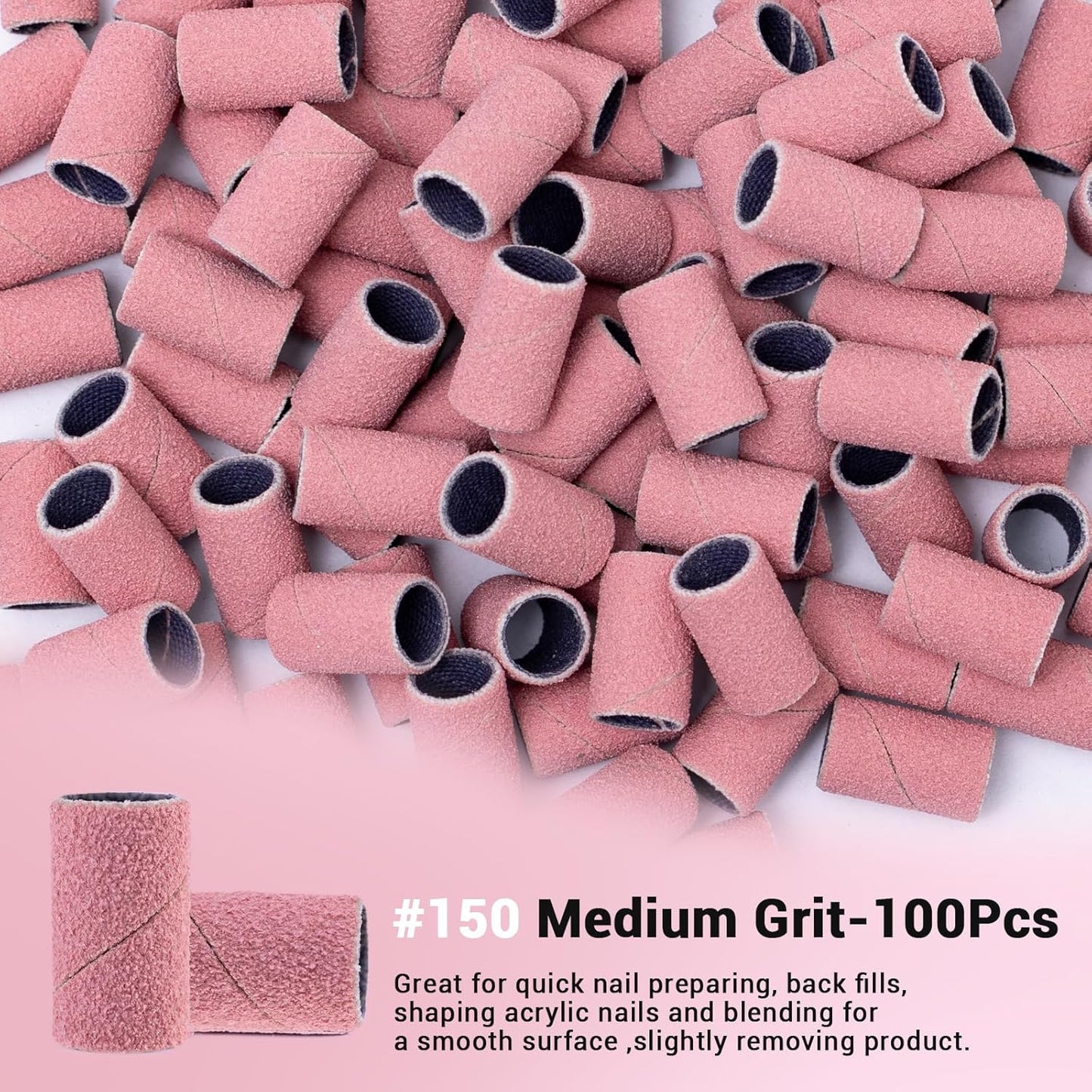 MelodySusie 100 Pcs Nail Drill Bits Sanding Bands for Nail Drill 150 Medium Grit Nail File Sanding Bands for Acrylic Nails Gel Manicures and Pedicure