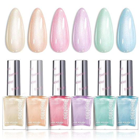 Beetles Nail Polish Set, 6 Colors Pearl Nail Polish Kit Pastel Pearl Shimmer Pink Orange Blue Green Dreamy Swirl Quick Dry Fingernail Polish Gifts for Women Salon DIY Manicure Kit