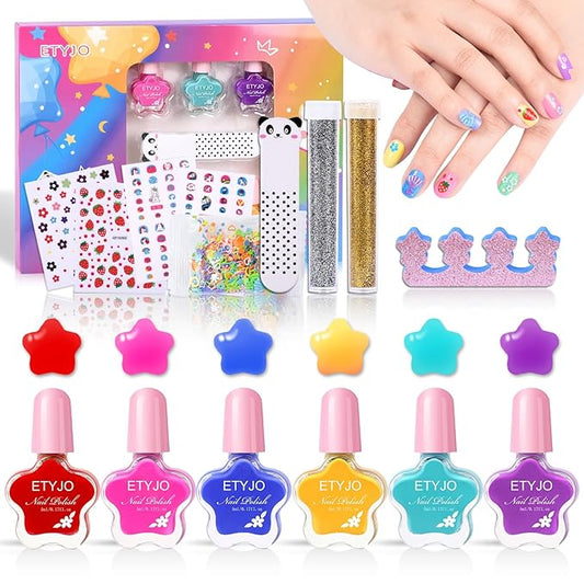 Kids Nail Art Set - Non-Toxic, Water-Based Peel-off Quick Drying Nail Polish, 6 Rainbow Colors for Kids Age 3+