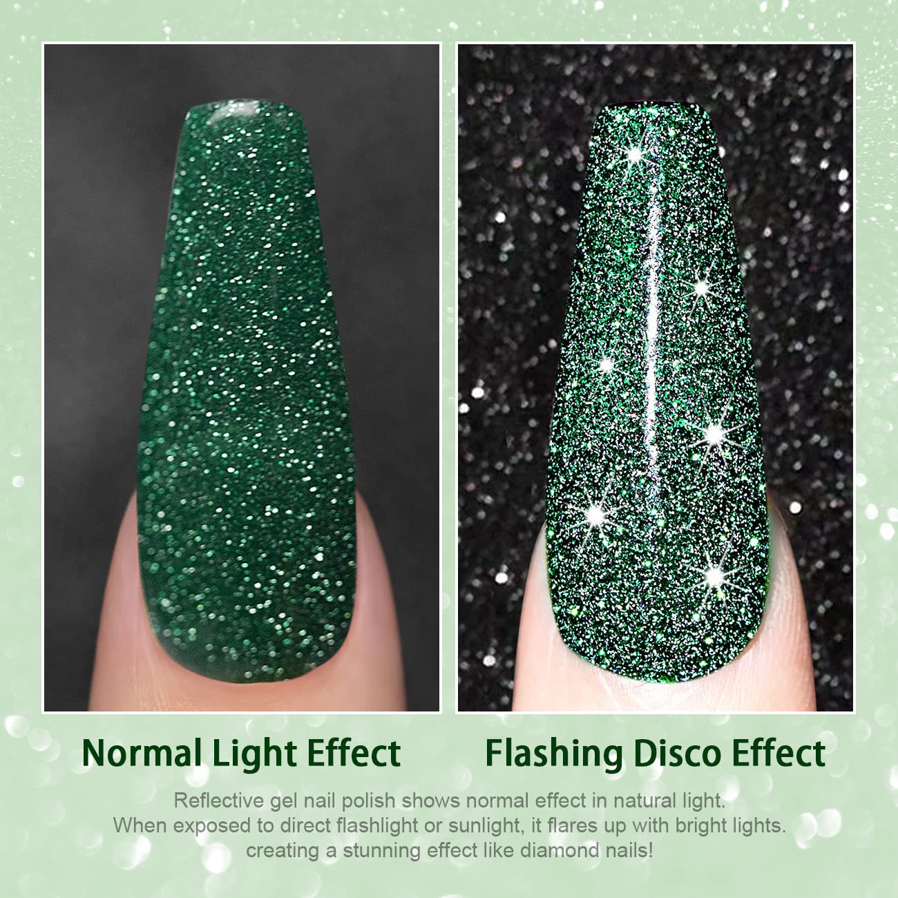 RARJSM Glitter Green Gel Nail Polish,Reflective Gel Polish Sparkle Glitter Flash Diamond Nail Gel Polish Soak off Disco Shimmer Gel Polish UV LED Curing Requires 15ml for Home Salon Diy Nail Manicure