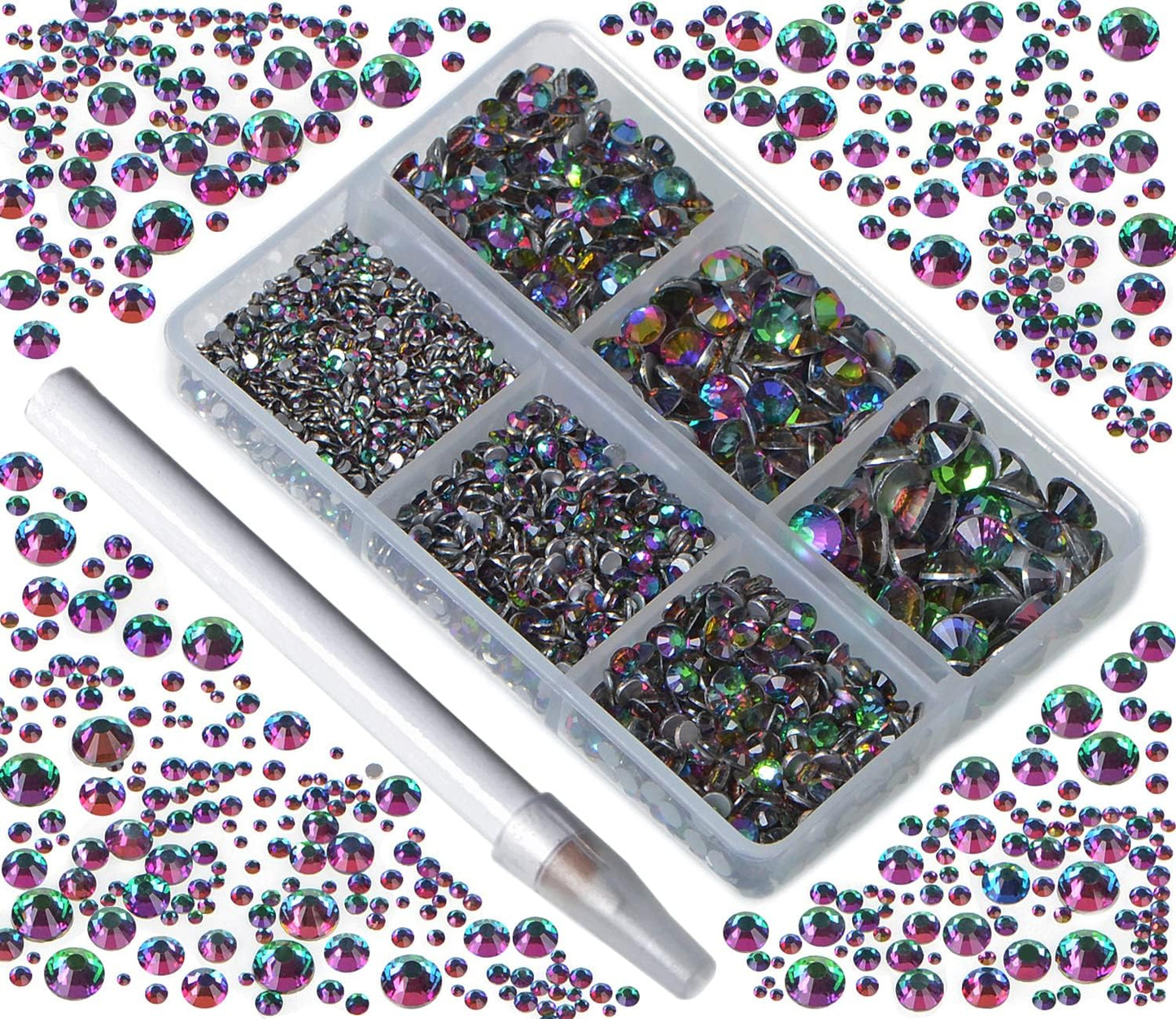 Bymitel 5000 Pieces 6 Mixed Sizes Glue Fix on Glass Rhinestones Round Crystal Gems Flatback for DIY Jewelry Making with one Picking Pen(6-Sizes 5000PCS, Green Volcanic)