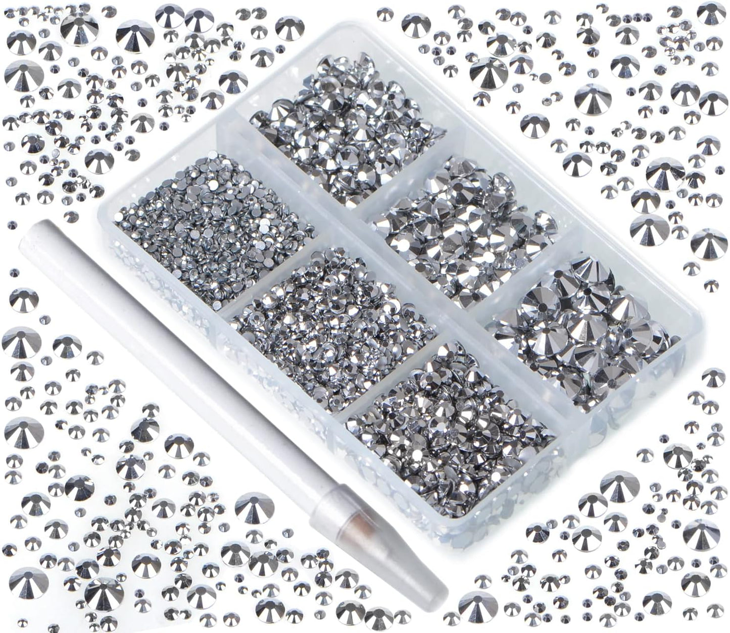 Bymitel 5000 Pieces 6 Mixed Sizes Glue Fix on Glass Rhinestones Round Crystal Gems Flatback for DIY Jewelry Making with one Picking Pen(6-Sizes 5000PCS, Labrdor)