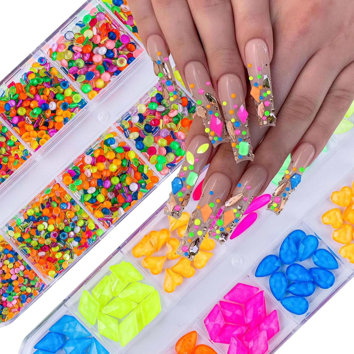 3120Pcs Diamond Nails Rhinestones for Nail Art, HOINCO Colorful Fluorescence Rhinestones for Nails, Multi Shapes Clear AB Flat Back Gemstones for Women Nail Art DIY Craft Jewelry with Tweezers and Pen