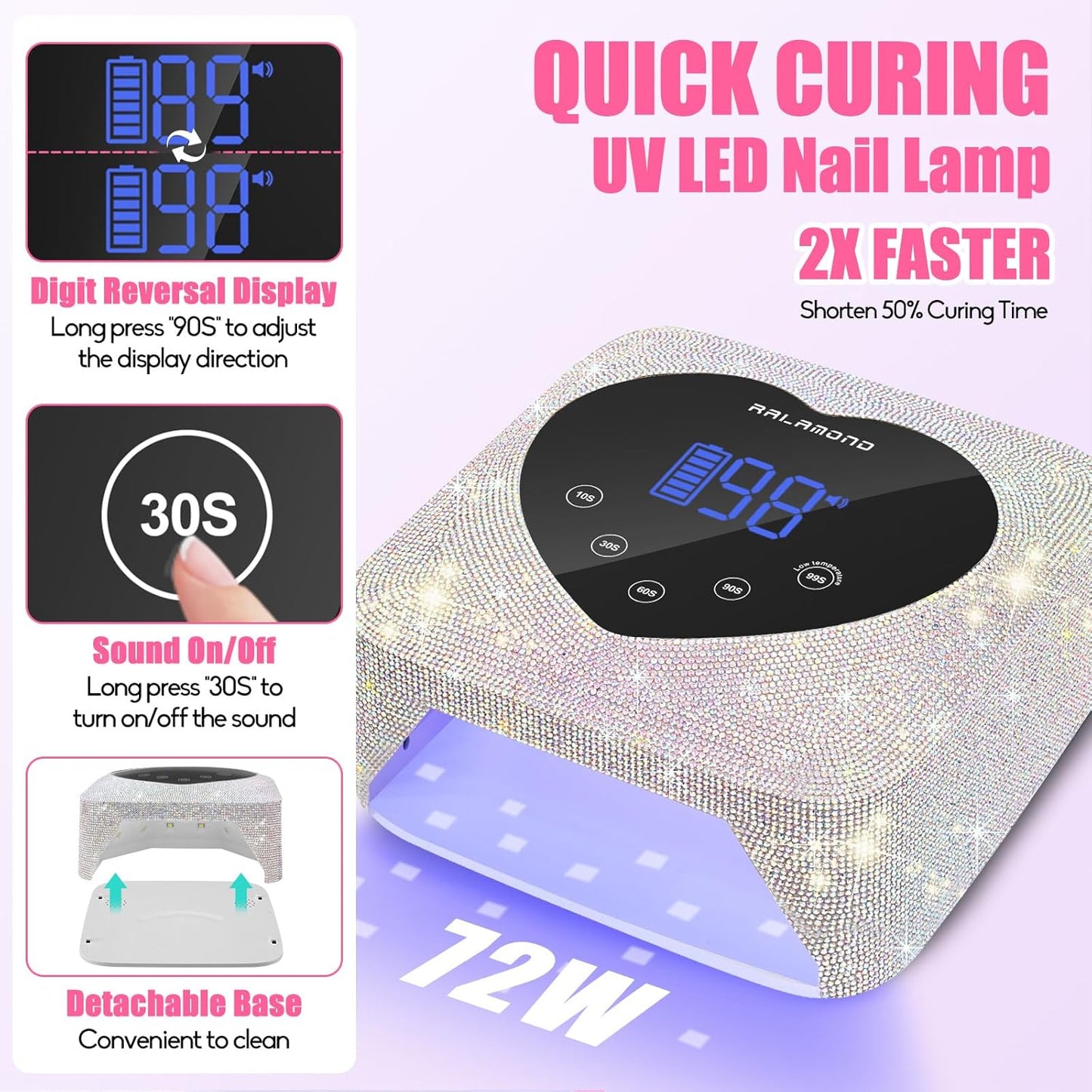 72W Cordless UV Light for Nails With 5 Timer & Auto Sensor, Professional Rechargeable Lamp for Gel Polish, Bling Cute Heart Dryer (Diamond)