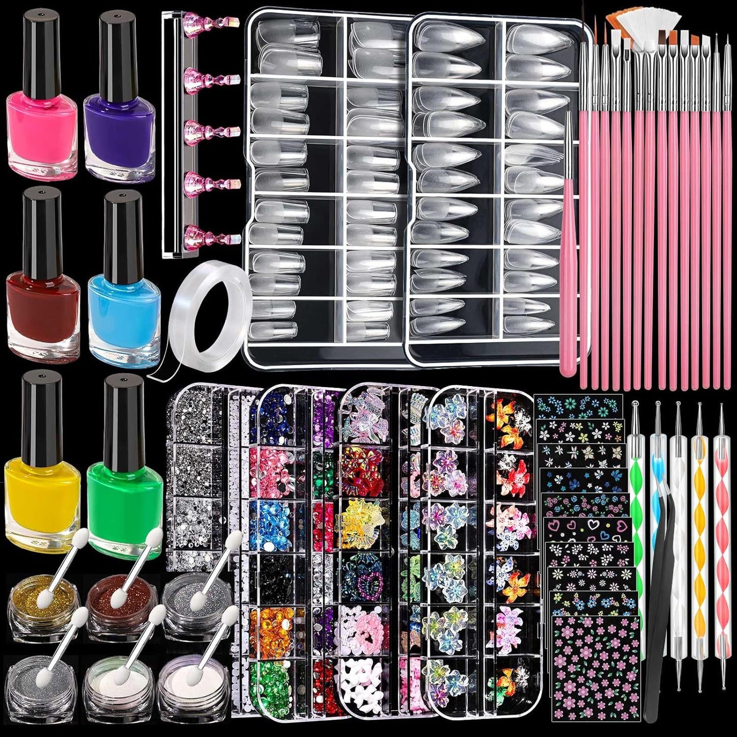 FANDAMEI Nail Art Kit, 54 Pcs Nail Tool Set with 6-Color Nail Polish, 20 PCS Nail Art Brushes, 2 Box False Nail Tips, 6 Jar Chrome Nail Powder, 4 Box Nail Charms, 10 Sheet Nail Stickers for Beginners