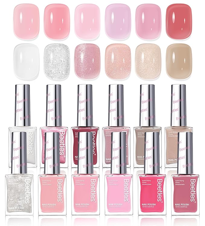 Beetles Nail Polish Set - 12 Colors Jelly Pink Quick Dry Nail Polish Glitter Nail Polish Kit Air Dry Serenely Chic Fingernail Polish Diy Nail Art Christmas Set Home