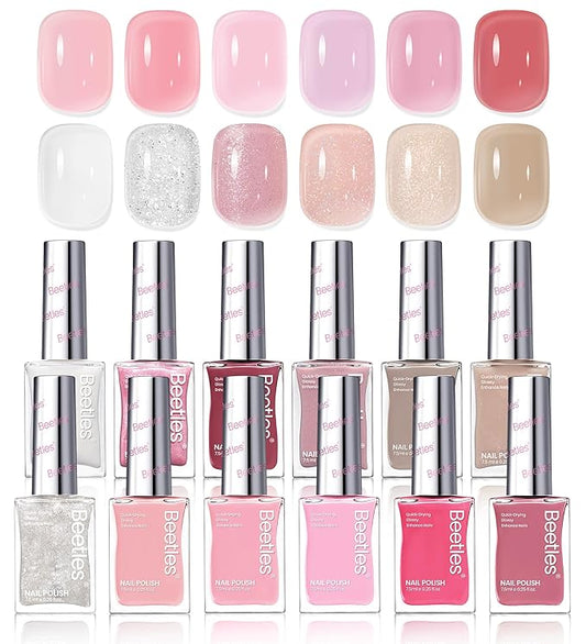 Beetles Nail Polish Set - 12 Colors Jelly Pink Quick Dry Nail Polish Glitter Nail Polish Kit Air Dry Serenely Chic Fingernail Polish Diy Nail Art Christmas Set Home