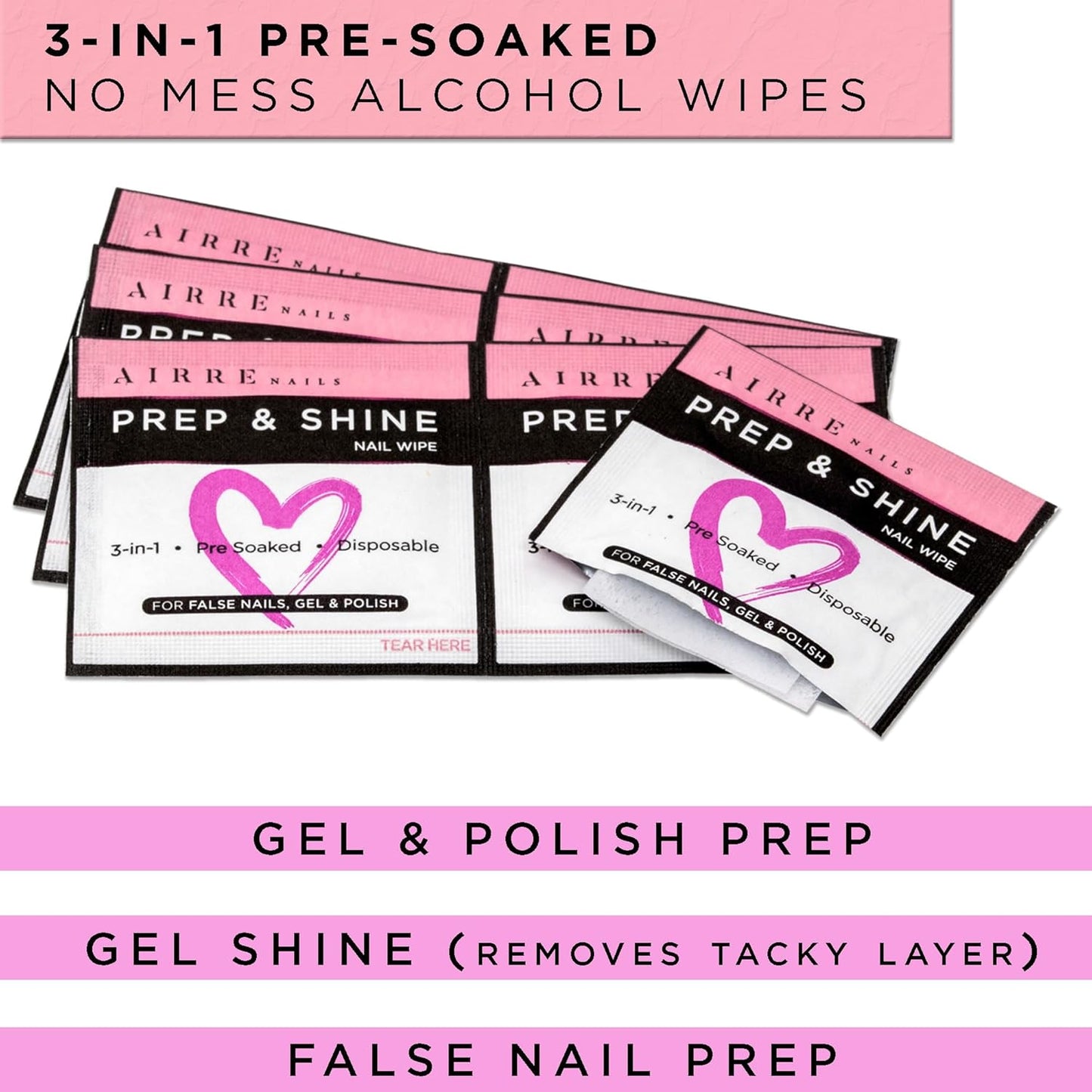 AIRRE 220 Professional Alcohol Prep & Shine Nail Wipes (3in1) Alcohol Wipes for Gel Nails, Acrylic Nails, Press-On Nails & Tips. Removes Sticky Gel Layer Residue, Preps UV/LED Gel Polish & False Nails