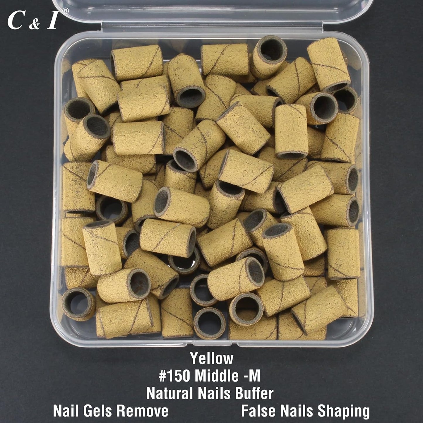 C & I Nail Sanding Bands 100 PCS Plus Upgrade Mandrel 1 PC, Nail Drill Bits for Acrylic Gel Nails Remove, Natural Nails Buffer for Nail Prep and Nail Shiner (Yellow, #150 Middle)