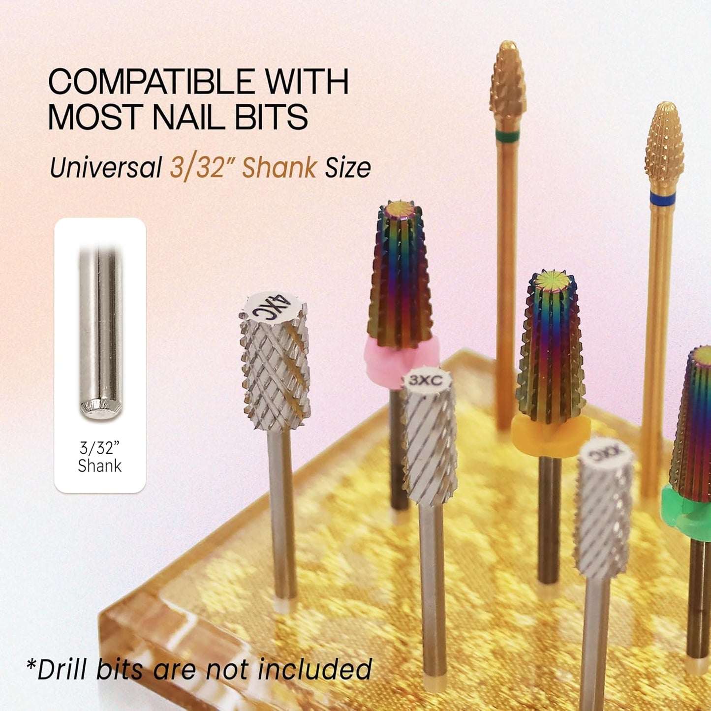 PANA Rectangle Transparent Acrylic Nail Drill Bit Holder Display Organizer Stand - Carbide Bit Storage Mount For Manicure Tools Nail Salon - 12 Holes Gold (Drill Bits Not Included)