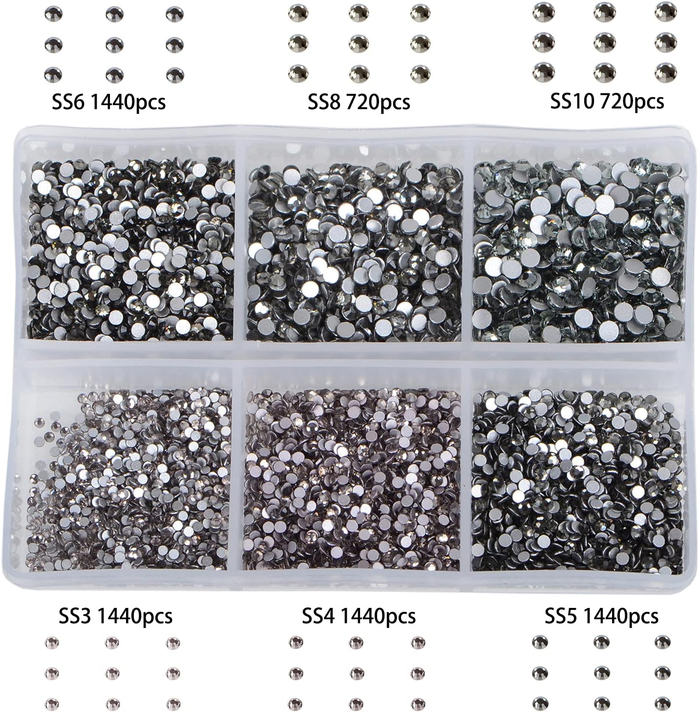 Bymitel 7200 Pieces 6 Mixed Sizes Glue Fix on Glass Rhinestones Round Crystal Gems Flatback for DIY Jewelry Making with one Picking Pen(6-Sizes 7200PCS, Black Diamond)