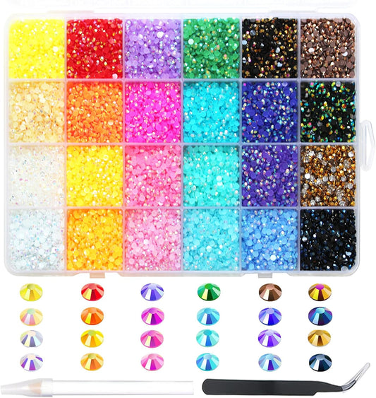 24000Pcs Nail Art Rhinestones, BetterJonny 24 Colors 3mm Round Nail Flatback Rainbow Gems Set with Tweezers and Pencil AB Glitter Flat-Bottomed Rhinestone for Crafts Decoration and Jewelry Making