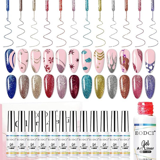 Nail Art Gel Liner Set, 12 Colors Platinum Pink Gold Green Glitter Fall Winter Gel Polish for Swirl French Tip Painting Designs Soak Off Built Thin Brush DIY Nail Design Kit