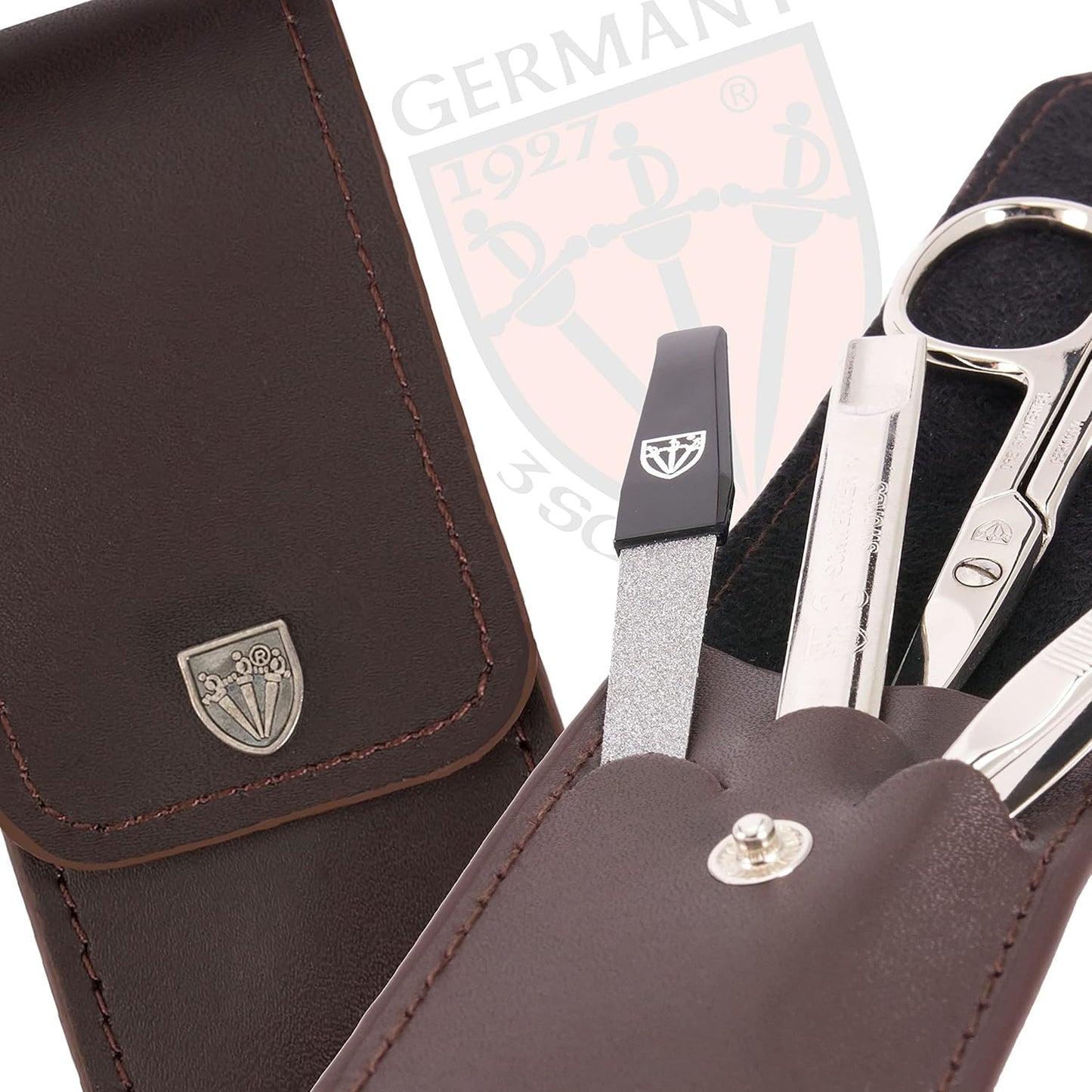 3 Swords Germany - brand quality 3 piece manicure pedicure grooming kit set for professional finger & toe nail care scissors tool genuine leather case in gift box, Made in Solingen Germany