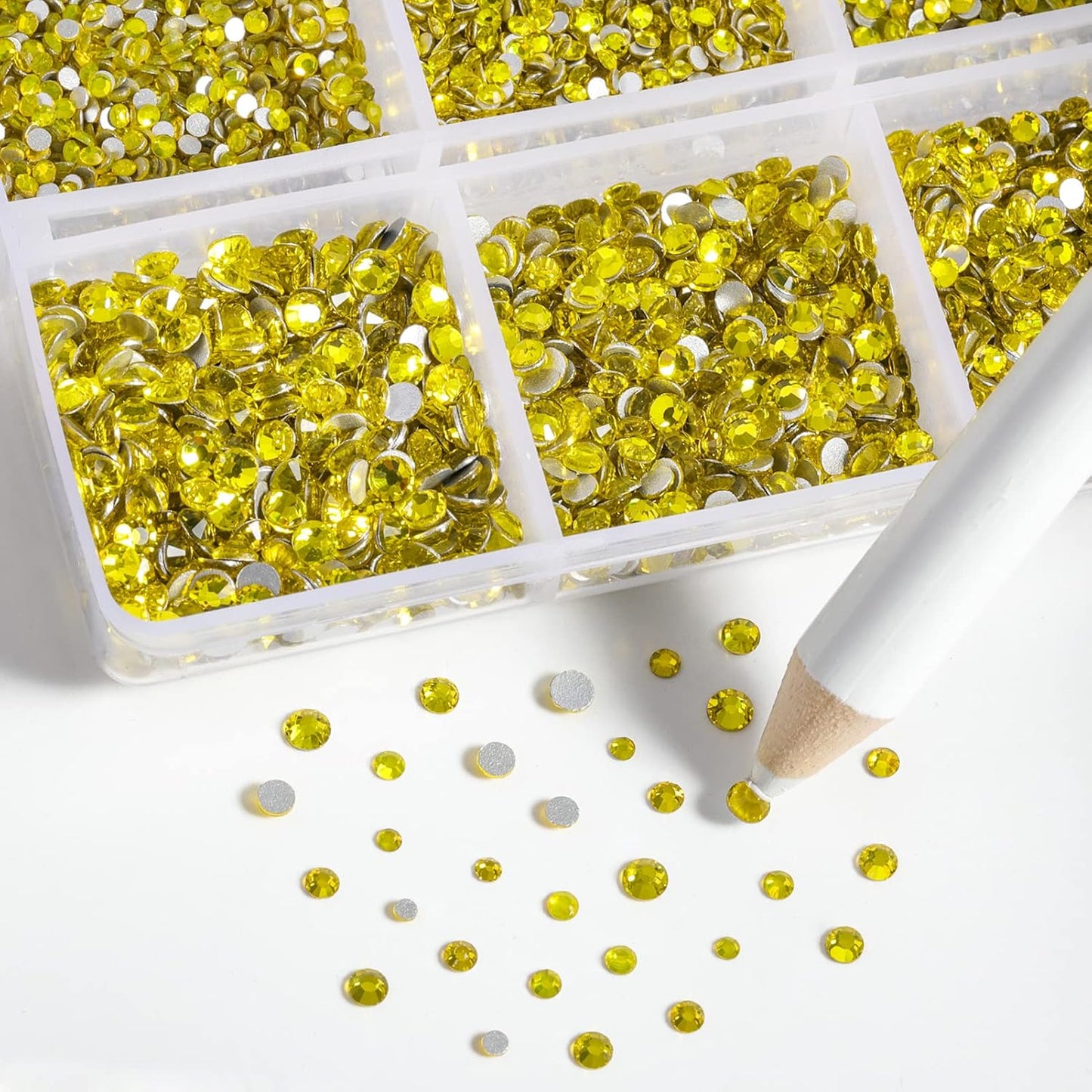 Beadsland 7200pcs Flatback Rhinestones,Yellow Rhinestone Nail Gems Round Crystal Rhinestones for Crafts,Mixed 6 Sizes with Wax Pencil Kit, SS3-SS10,Citrine/Lemon Yellow