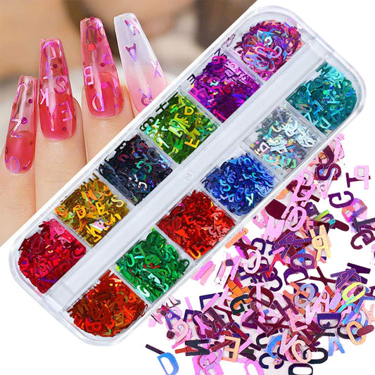 12 Colors Letters Nail Art Glitters Sequins Laser Gold 3D Flakes Alphabet Designs Accessories for Women Girls Manicure Tips Decorations Shine Stickers Decals