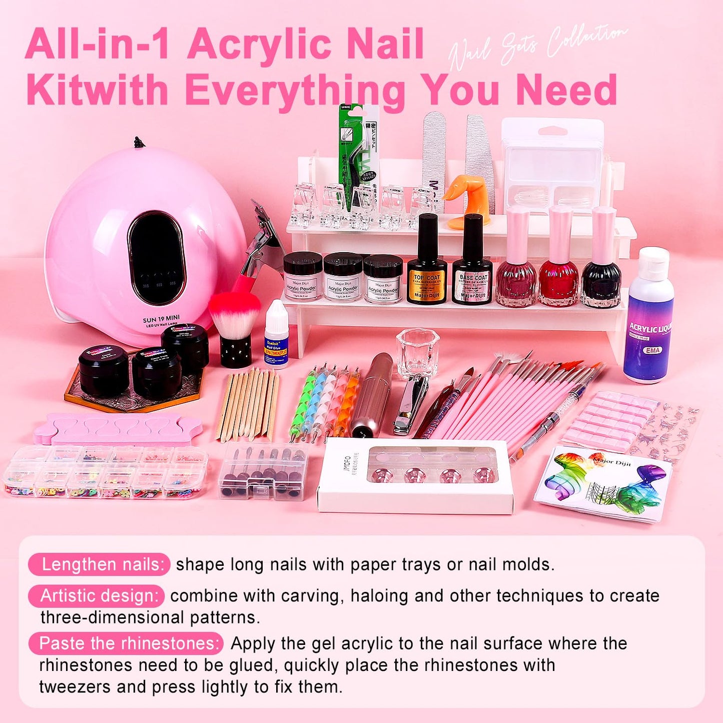 Acrylic Nail Kit with Everything for Beginners Starter Complete Set with Drill Light Nail Polish Extension Gel Nail Art Decoration Tools for Salon Starter Home Salon