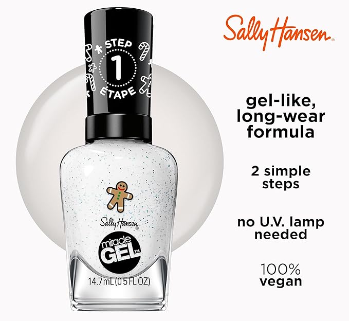 Sally Hansen Miracle Gel Holiday Salon Quality Nail Polish | Gel-Like Formula, Two-Step System, No UV Light Needed, Long Lasting | Opaque, Glittery |911 Whisk You a Merry Xmas | White Nail Polish