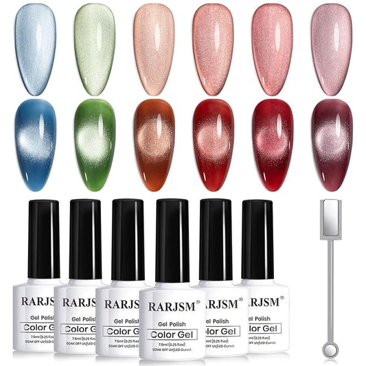 RARJSM Ceramic Cat Eye Gel Nail Polish Set 6 Pcs Smoothie Silver Glitter Shimmer Amber Jelly Sheer Green Blue Orange Wine Red Velvet Cateye Gel Polish with Magnetic Stick UV LED Curing Require Winter