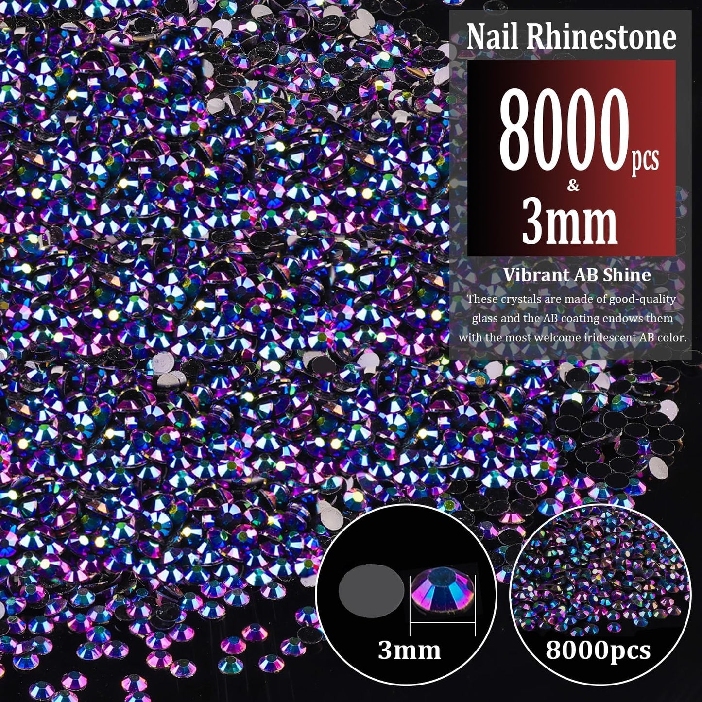 8000pcs 3mm Resin Rhinestones Bulk, Purplish Black AB Flatback Round Jelly Rhinestones Non Hotfix Crystal Gems Large Quantity Wholesale for DIY Crafts Clothes Bottles Face Makeup Manicure
