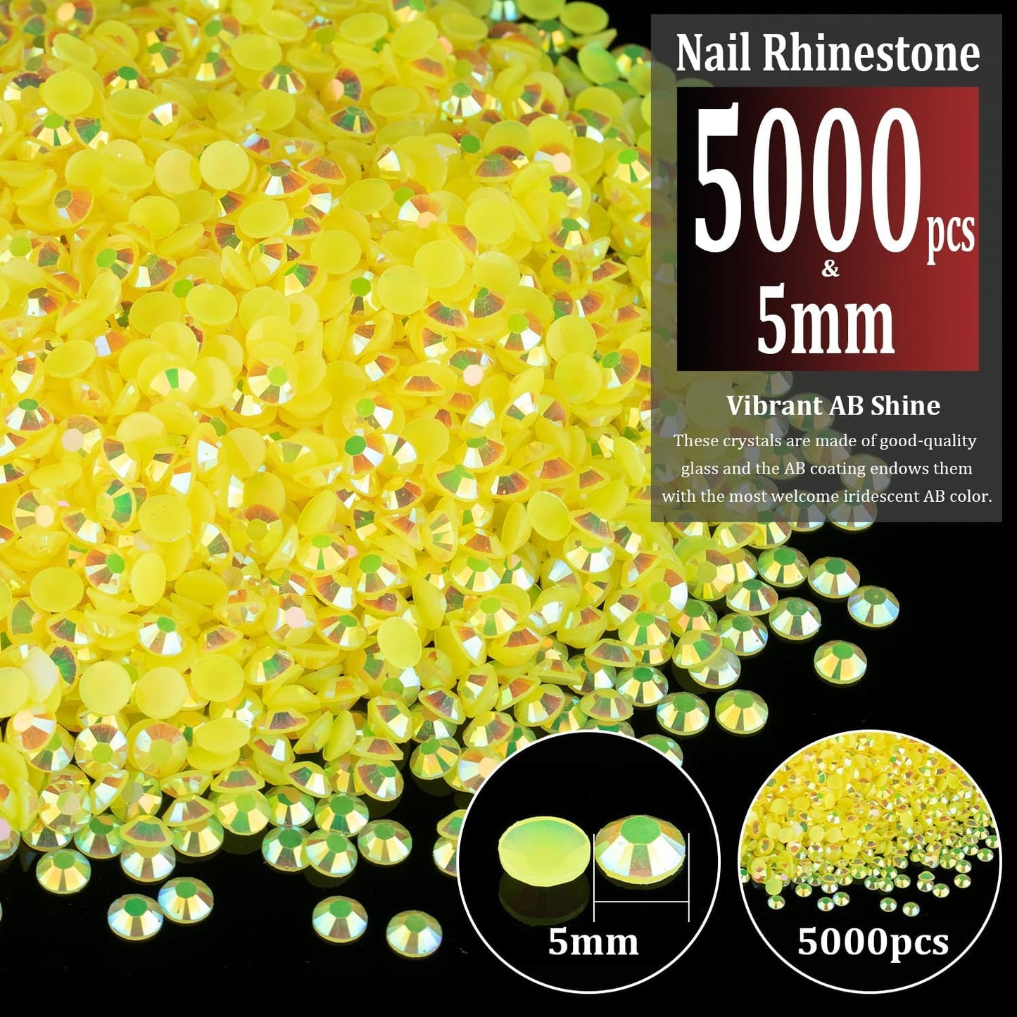 5000pcs 5mm Resin Rhinestones Bulk, Lemon Yellow AB Flatback Round Jelly Rhinestones Bedazzling Non Hotfix Crystal Gems Large Quantity Wholesale for DIY Crafts Clothes Tumblers Face Makeup Manicure