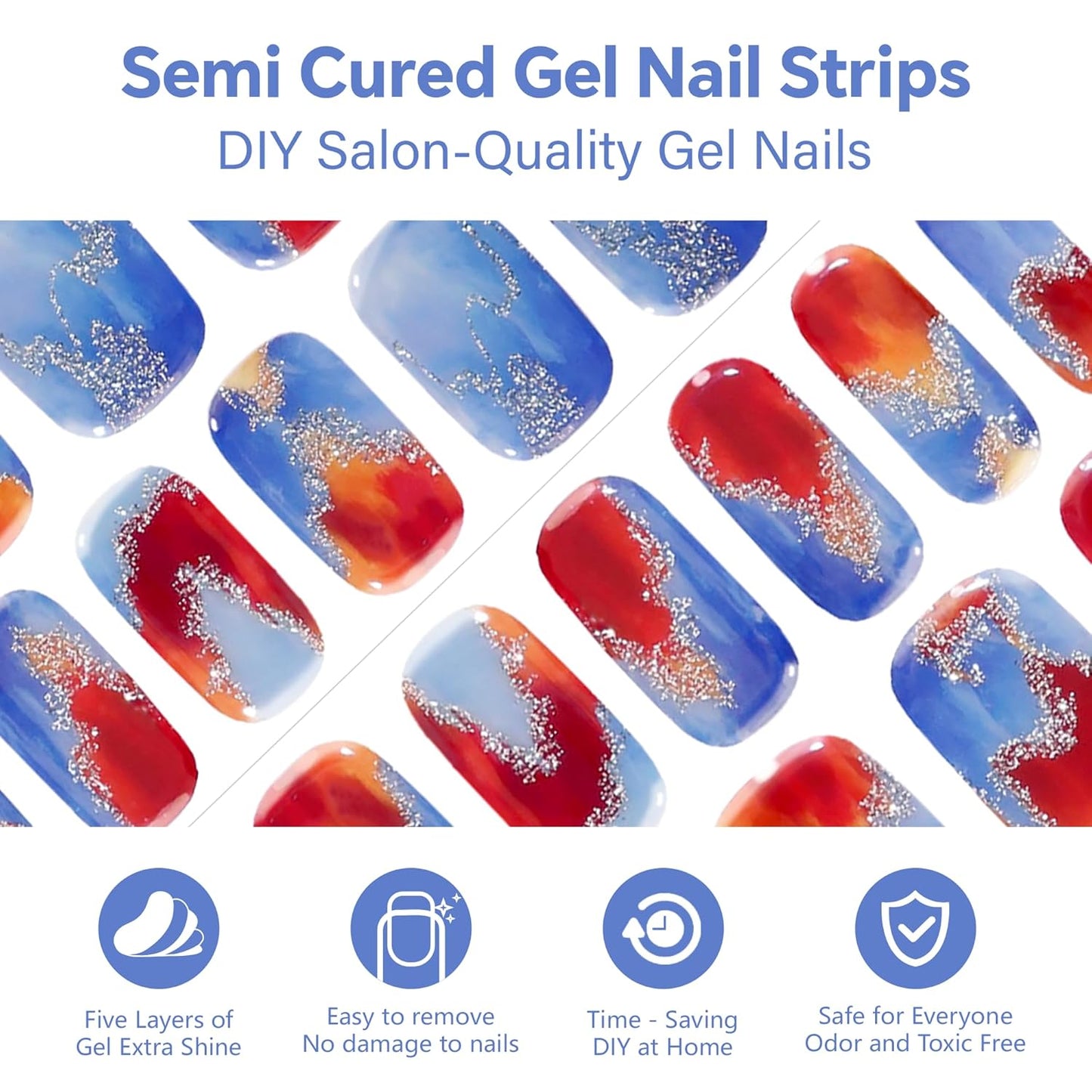 Semi Cured Gel Nail Strips-Blue Sky Press on Nails with Red Clouds Aurora Shimmer & Color Shifting Glitter, Coffin Semi Cured Gel Nail Strips, Dreamy Nail Art(Dreamscape Gradient)