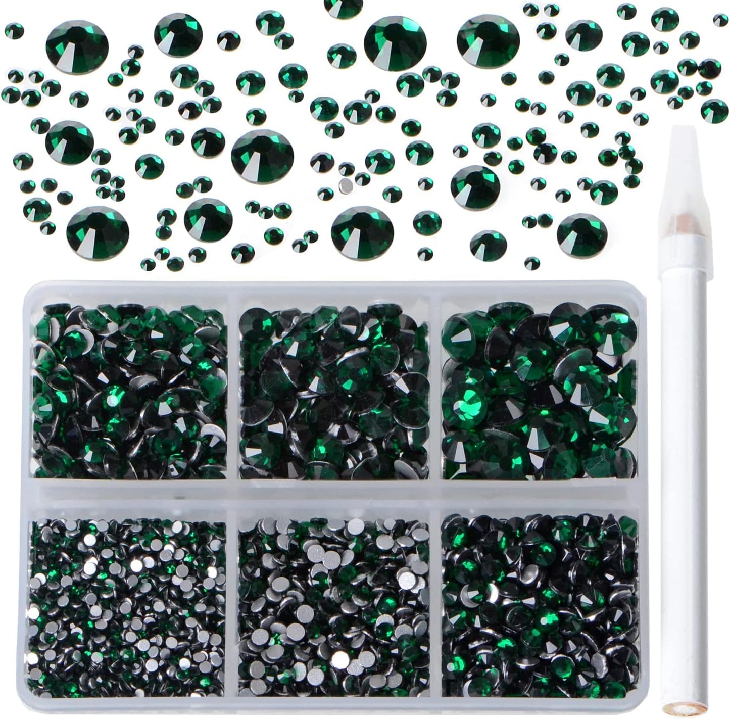 Bymitel 5000 Pieces 6 Mixed Sizes Glue Fix on Glass Rhinestones Round Crystal Gems Flatback for DIY Jewelry Making with one Picking Pen(6-Sizes 5000PCS, Emerald)