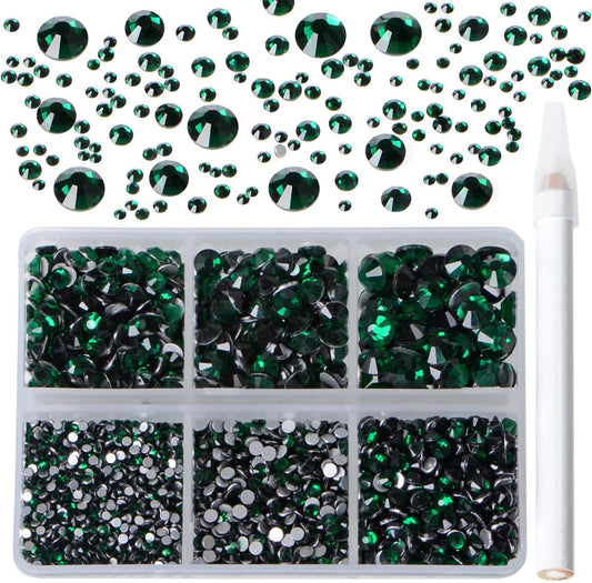 Bymitel 5000 Pieces 6 Mixed Sizes Glue Fix on Glass Rhinestones Round Crystal Gems Flatback for DIY Jewelry Making with one Picking Pen(6-Sizes 5000PCS, Emerald)