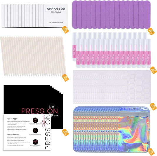 Press On Nail Tool Kit for Nail Business, Nail Prep Application Disposable Kit with Nail File, Nail Glue, Prep Pads, Instruction Card, Adhesive Nail Tabs, Wood Stick, Holographic Bag (20pcs in purple)