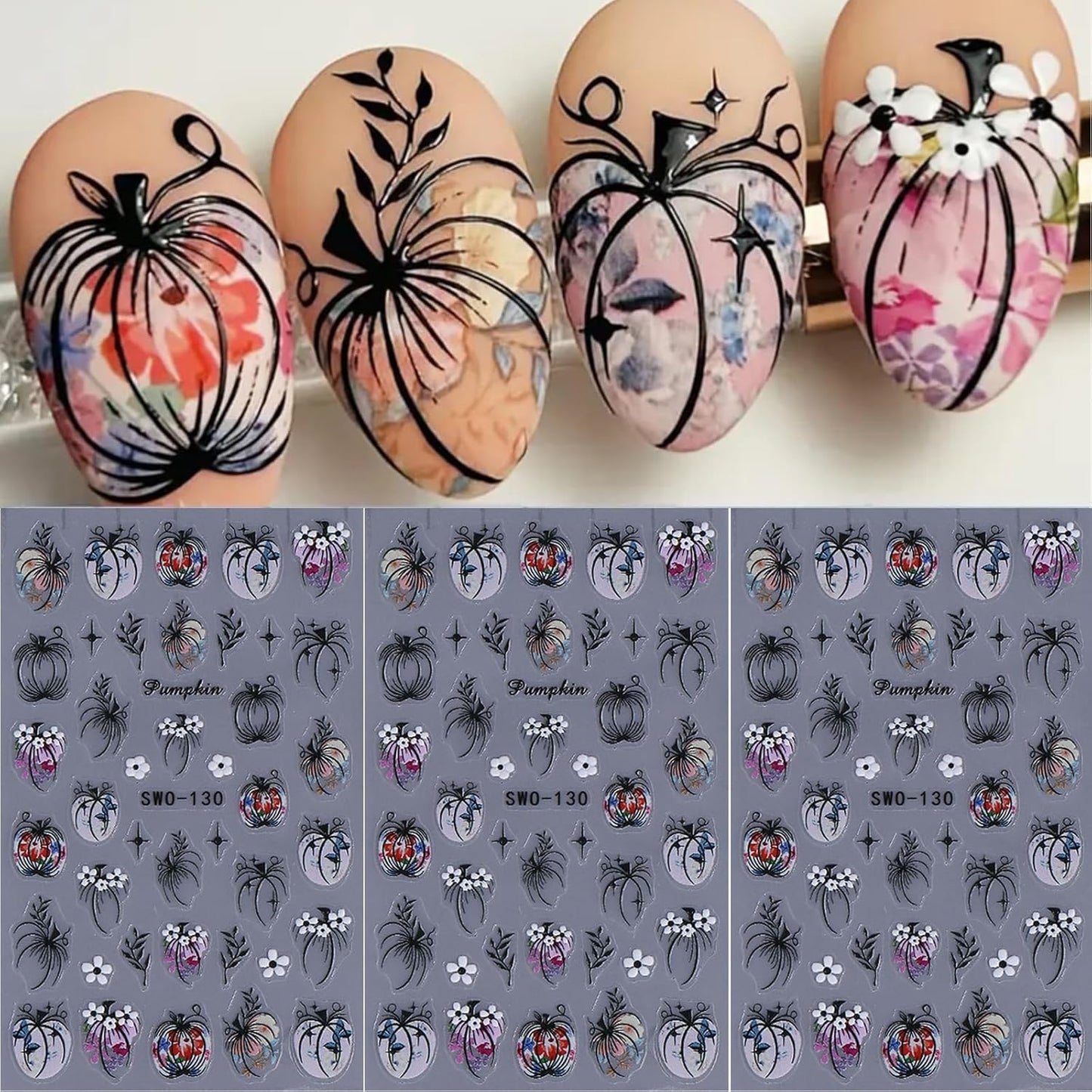 Pumpkin Nail Art Stickers 3Sheets 5D Embossed Nail Stickers Cute Pumpkins Leaves Flowers Design Nail Decals Fall Self-Adhesive Nail Supplies for Women Halloween Thanksgiving Day Nail Decoration