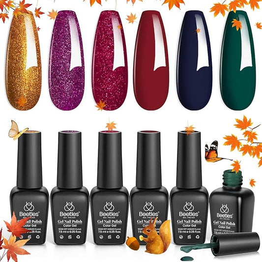Beetles Fall Gel Nail Polish Kit, 6 Colors Gold Green Burgundy Red Glitter Gel Polish Soak Off Uv Nail Lamp Cured Holiday Nail Gel DIY Home Manicure Kit Gifts for Women Girls