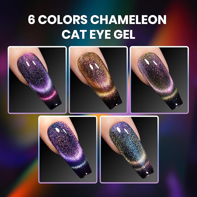 Beetles Cat Eye Gel Nail Polish Set - 6 Colors Chameleon Cat Eye Black Glitter Blue Pueple Gold Green Gel Polish with Magnet Soak Off UV Velvet Gel Enchanted Spectrum Collection Salon Gift for Women
