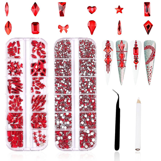 3120Pcs Crystal Red Nail Rhinestones,HOINCO Rhinestones for Nails,Nail Gems and Rhinestones Gems Multi Shapes Nail Charms for Nails Nail Crystal Beads Jewel for DIY Nail Art with Tweezers and Pen