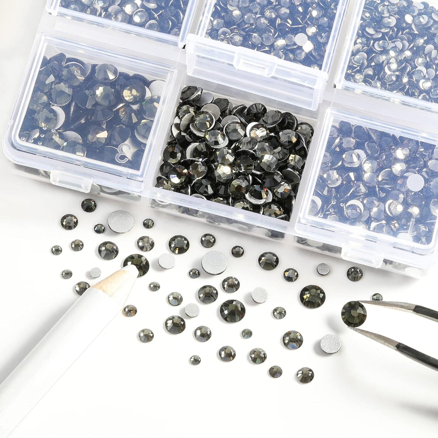 Beadsland 4300pcs Flatback Rhinestones,Gray Rhinestone Nail Gems Round Crystal Rhinestones for Crafts,Mixed 6 Sizes with Picking Tweezers and Wax Pencil Kit, SS6-SS20,Black Diamond