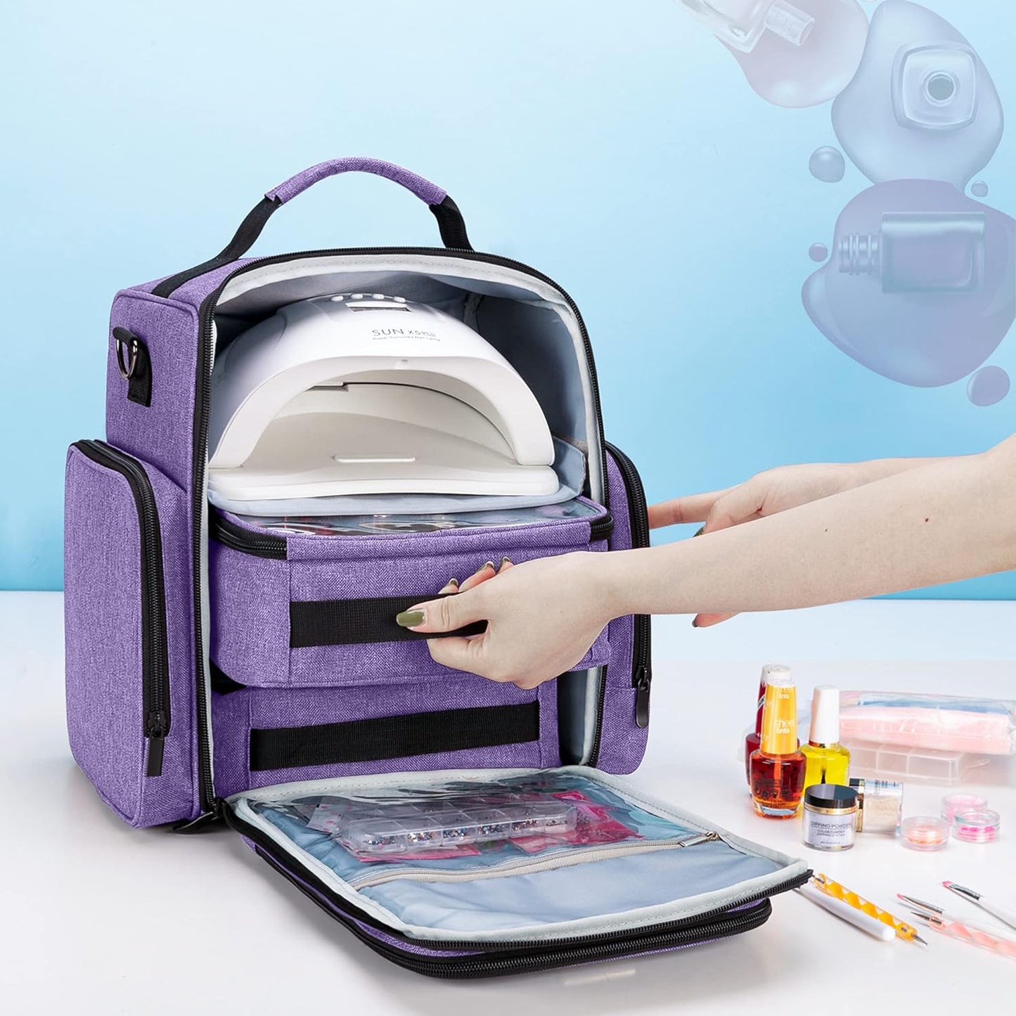 BAFASO Nail Polish Organizer Holds 48 Bottles (15ml - 0.5 fl.oz) and a Nail Lamp, Large Nail Polish Case with 2 Removable Pouches and Multiple Storage Sections (Patented Design), Purple