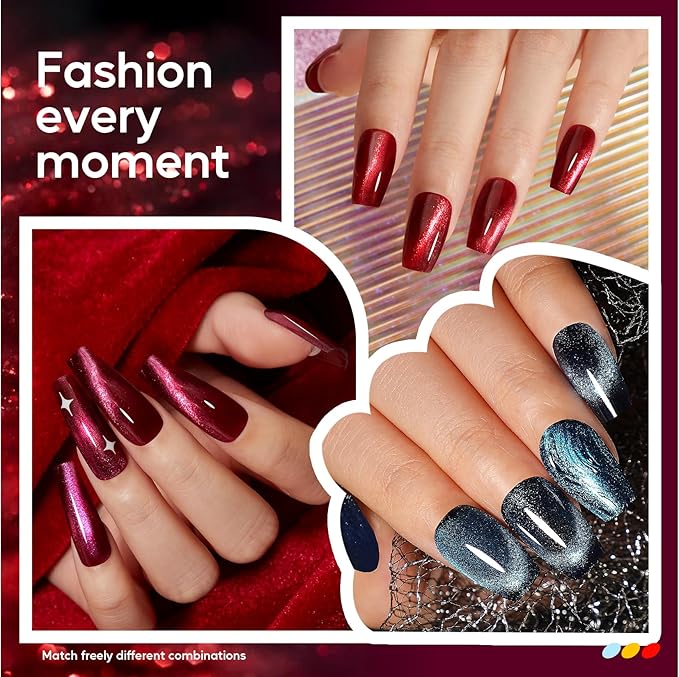 Morovan Magnetic Nail Polish Set：Cat Eye Glitter Red Green Purple Blue Nail Polish Kit Shimmer Quick Dry Nail Polish Bulk for Women Nail Art Manicure Salon Gift Holiday Party