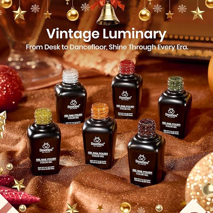 Beetles Glitter Gel Nail Polish Set – Vintage Luminary 6 Sparkling Red Gold Green Colors Reflective Long-Lasting UV LED Soak Off Gel Holiday Party Nail Art Kit Chirstmas Gift for Women