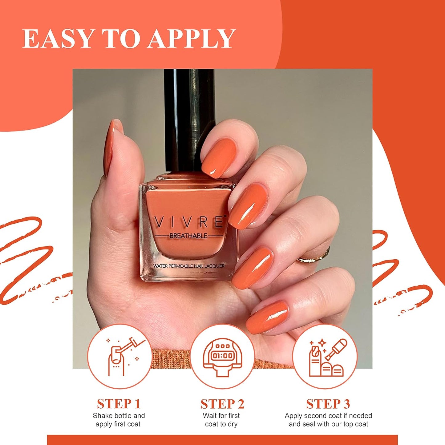 VIVRE Cosmetics Quick Dry Shiny Halal Nail Polish - Vegan, Non Toxic, Long Lasting, Breathable & Water Permeable - Orange You Late?