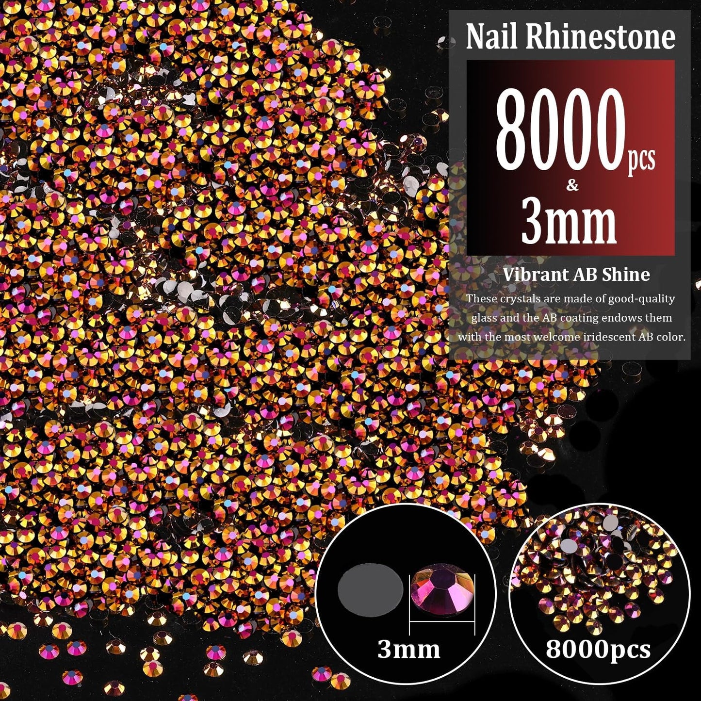 8000pcs 3mm Resin Rhinestones Bulk, Gold Rose AB Flatback Round Jelly Rhinestones Non Hotfix Crystal Gems Large Quantity Wholesale for DIY Crafts Clothes Bottles Face Makeup Manicure