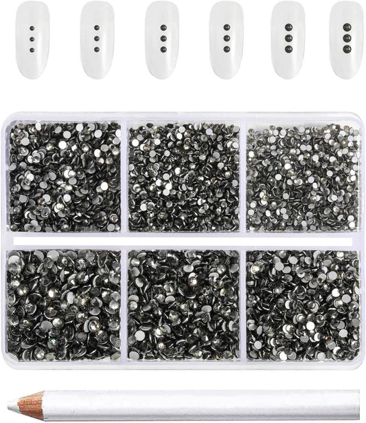 Beadsland 7200pcs Flatback Rhinestones,Gray Rhinestone Nail Gems Round Crystal Rhinestones for Crafts,Mixed 6 Sizes with Wax Pencil Kit, SS3-SS10,Black Diamond
