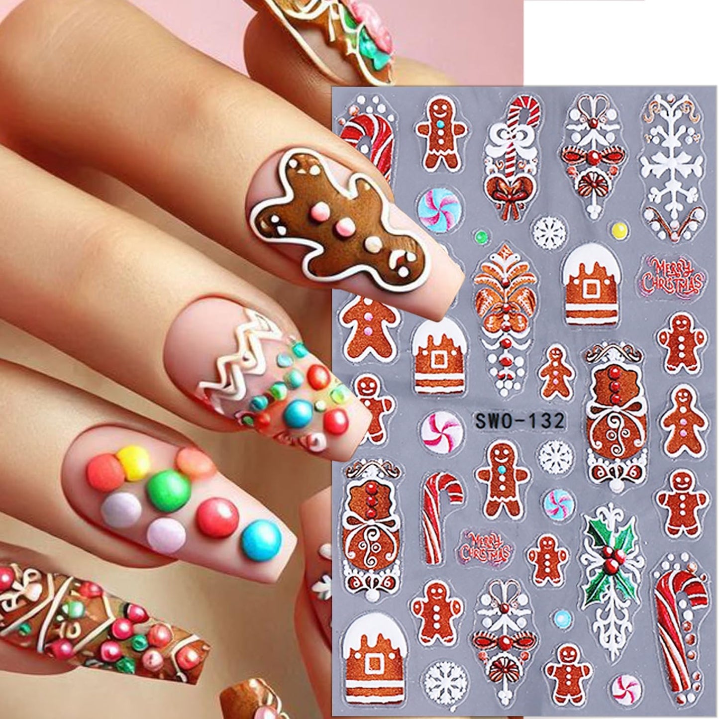 2 Sheets 5D Christmas Nail Stickers for Nail Art Self-Adhesive Embossed Winter Snowman Christmas Tree Snowflakes Xmas Gingerbread Man Nail Decals New Year Nail Design Sticker for Women DIY Manicure