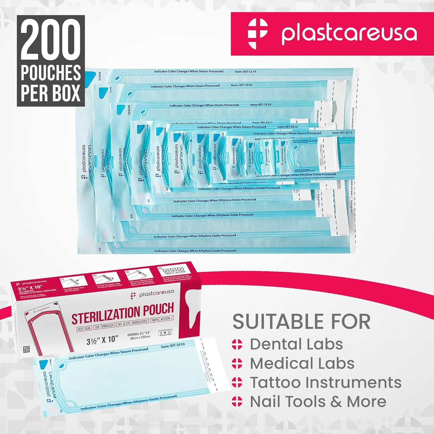 Self Sealing Sterilization Pouches 3.5" x 10" - Latex-Free, Color Changing Indicator (200 Count) by PlastCare USA