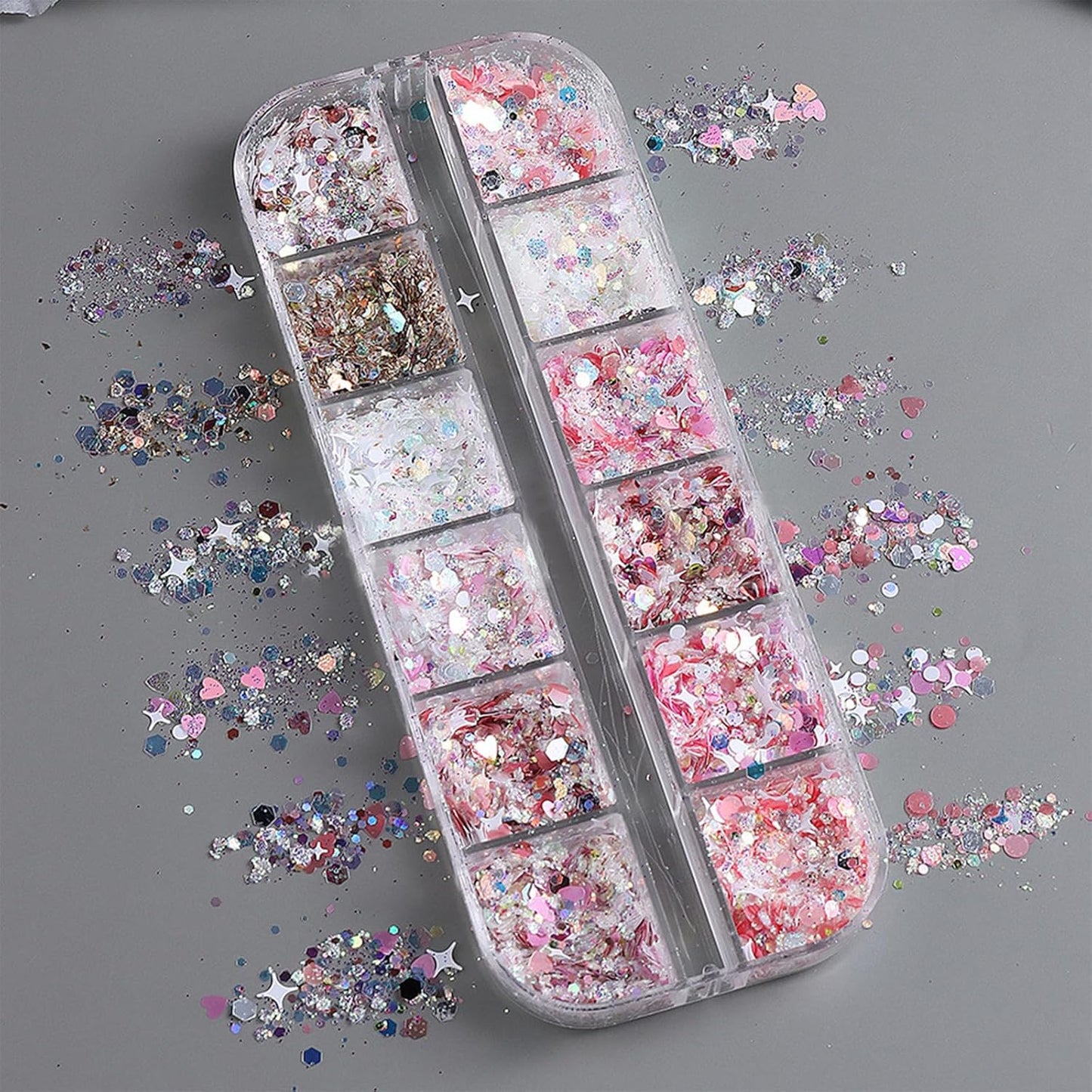 12 Grids Mixed Star Fragment Nail Art Glitters Sequins Holographic Heart Nail Sequins Hexagon Sparkles Stars Design Laser Nail Flakes Glitters Accessories for Women Manicure DIY Nail Decorations