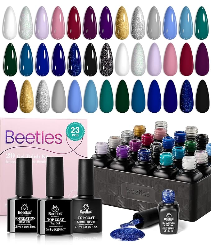 Beetles Winter Gel Nail Polish Set Navy Blue Burgundy Purple Green Black Goloden Pink Gel Polish 20 Colors Celestial Collection Deep Color Nail polish Soak off UV LED DIY Salon Gift for Women