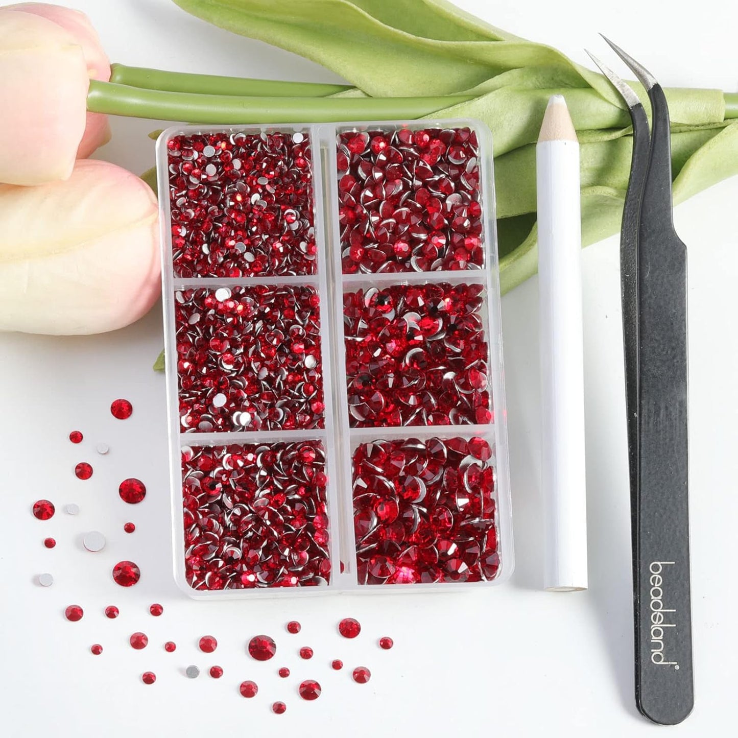 Beadsland 4300pcs Flatback Rhinestones, Red Rhinestone Nail Gems Round Crystal Rhinestones for Crafts,Mixed 6 Sizes with Picking Tweezers and Wax Pencil Kit, SS6-SS20, Siam