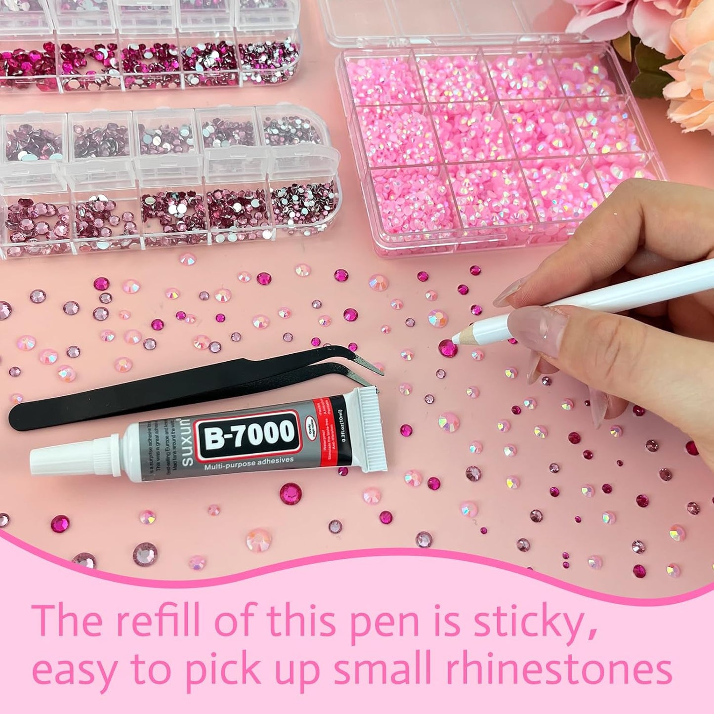 ASTARON Pink Resin Rhinestones for Crafting, 2mm-6mm Mixed Flatback Resin Gemstones for Crafts Gems Bulk Jelly AB Bedazzling Diamonds with Glue for Nails, Tumblers, Mugs Decoration