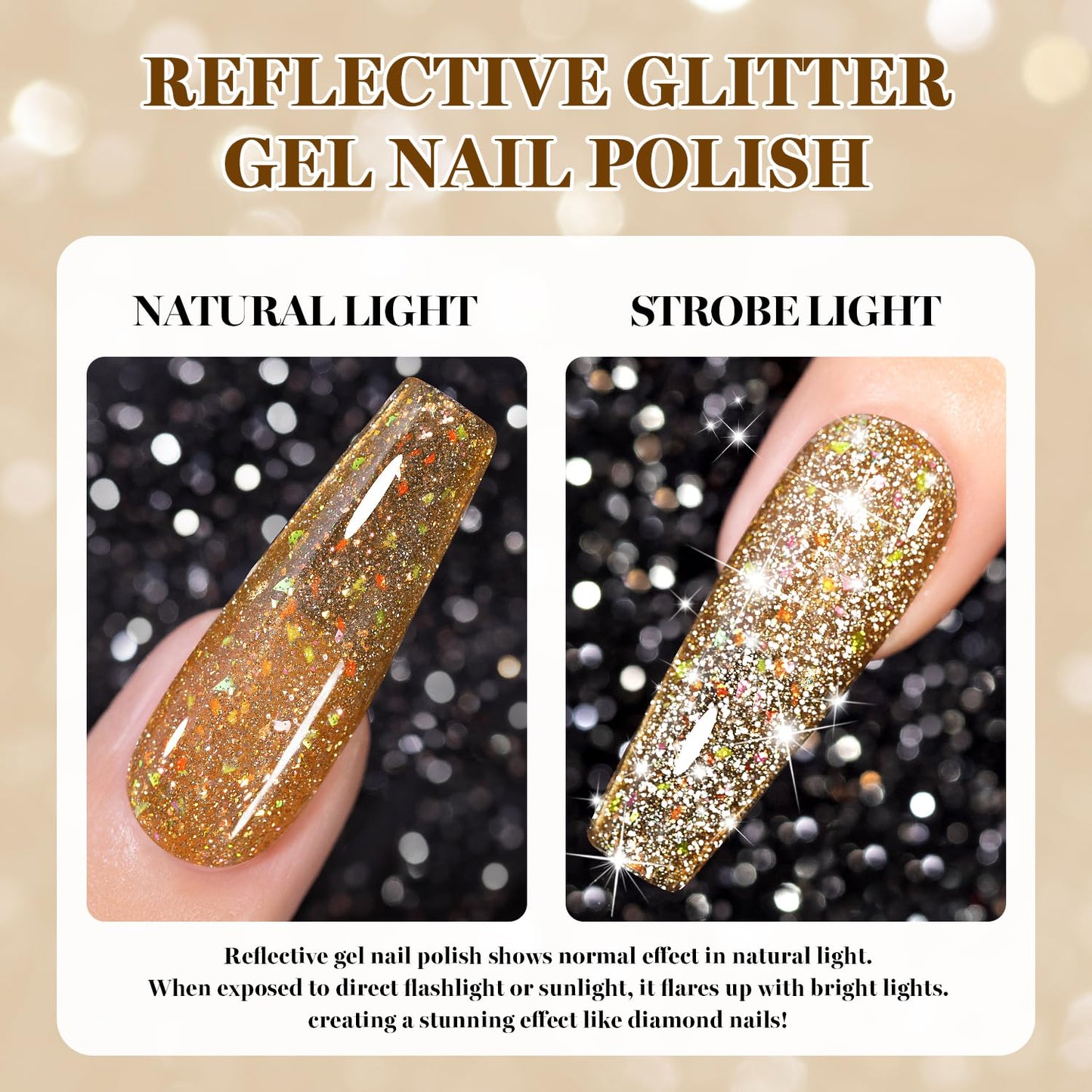 RARJSM Champagne Gold Reflective Glitter Gel Nail Polish Holographic Rainbow Iridescent Sparkle Flash Diamond Shimmer LED UV Soak Off Gelpolish Nail Art Manicure Salon DIY at Home 1pcs 7.5ml