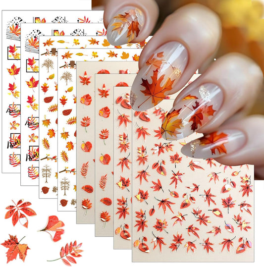 8 Sheets Fall Nail Stickers for Nail Art 3D Magic Maple Leaf Nail Decals Self-Adhesive Hot Stamping Leaves Nail Stickers Fall Ginkgo Leaf Design Sticker for Women Thanksgiving Manicure Decoration